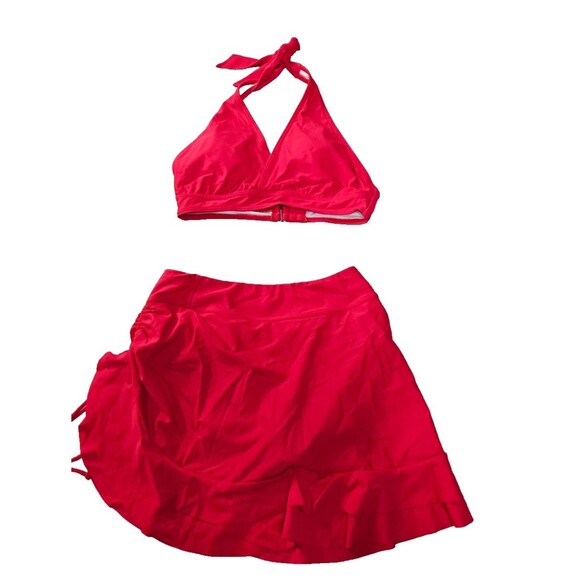 NWT Yonique Red Two Piece Swimsuit Halter Women's Bikini with Skirt Size S - Picture 1 of 6